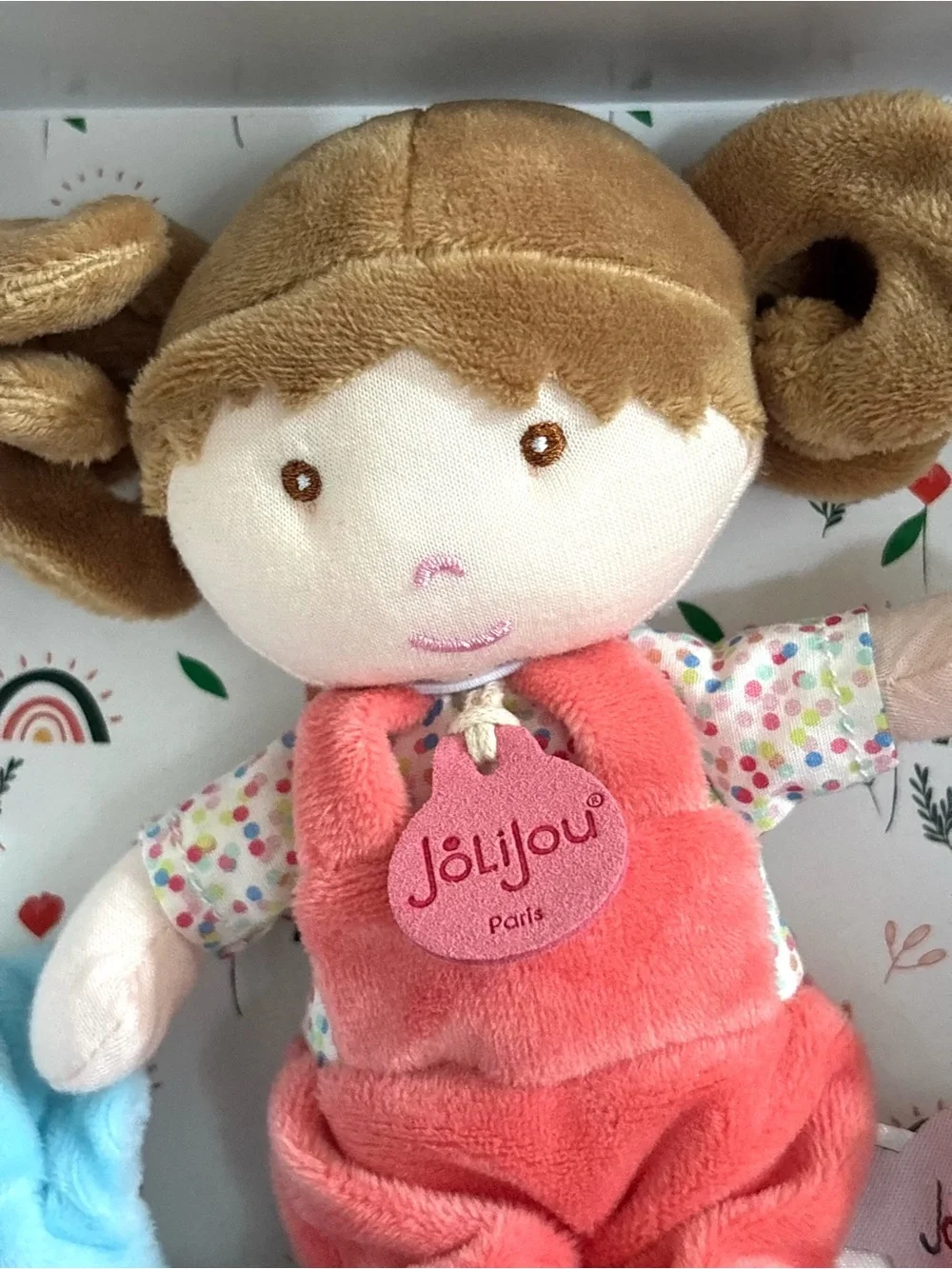 Jolijou Paris Soft My First Doll Pink Overall Brown Eyes & Pigtail Blue Bear NEW